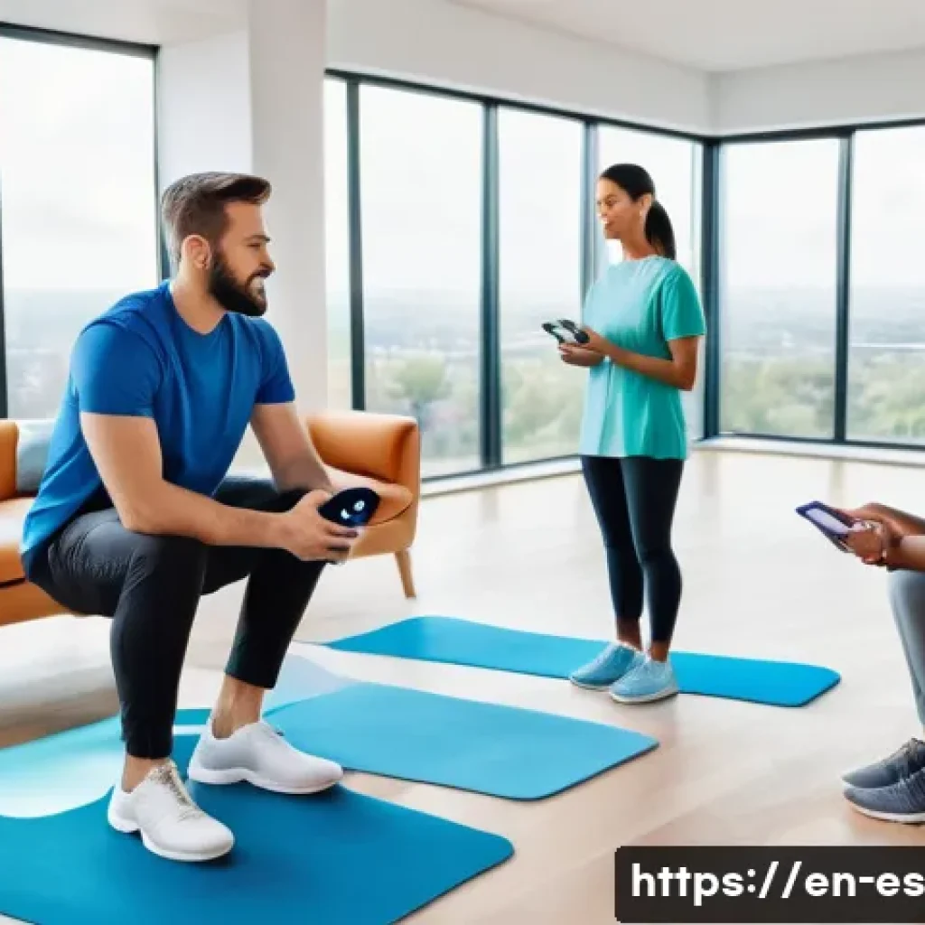 예방 중심 헬스케어와 윤리적 문제 - A diverse group of adults in a modern living room, each wearing sleek wearable health devices like s...