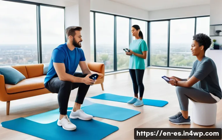 예방 중심 헬스케어와 윤리적 문제 - A diverse group of adults in a modern living room, each wearing sleek wearable health devices like s...