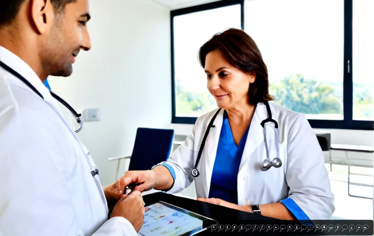 예방 중심 헬스케어와 정신 건강 - Photorealistic preventive healthcare consultation in a bright modern family clinic, a middle-aged wo...